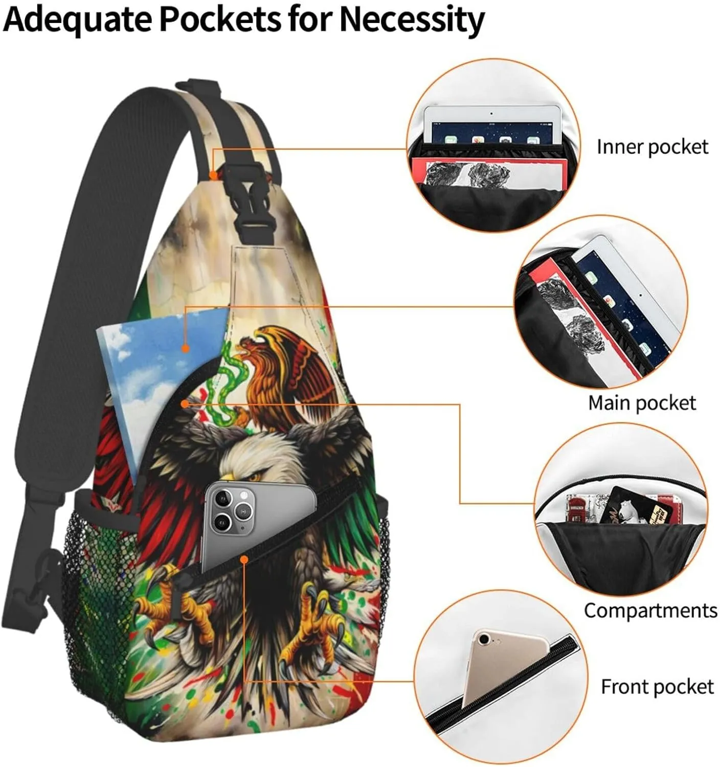 Powerful Mexican Art Eagle Flag Crossbody Bags Sling Backpack Cross Chest Bag Sports Shoulder Bag Gym Fanny Pack Adjustable Cycling Daypack Diagonally Rucksack for Running
