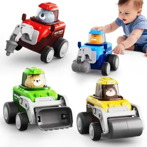 Press to Go Car Toy for Toddlers 1-3, 4 in 1 Engineering Vehicle Racing Cars Infant Play Set, Push and Go Car Baby Toys for 6-9-12-18 Months, 1st Birthday Gifts for 1-2 Years Old Boys Girls