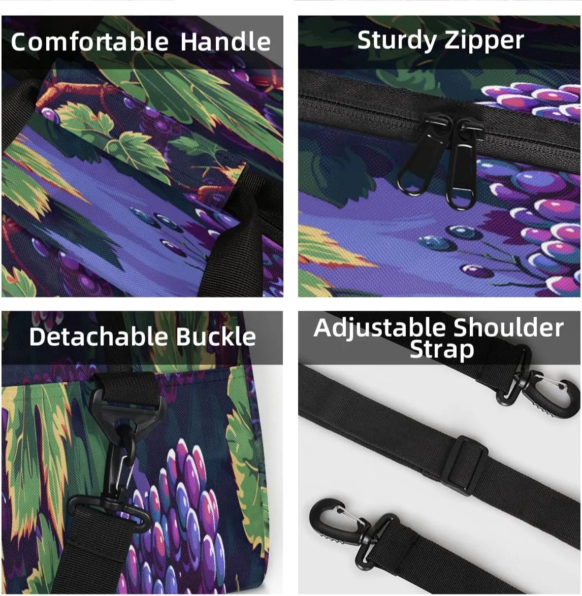 Purple Grapes Mini Gym Bag 18 inch for Women Men Waterproof Custom Grapes Fruits Travel Duffel Bag Carry On Overnight Tote Nurse Bag for Work Fitness Hiking