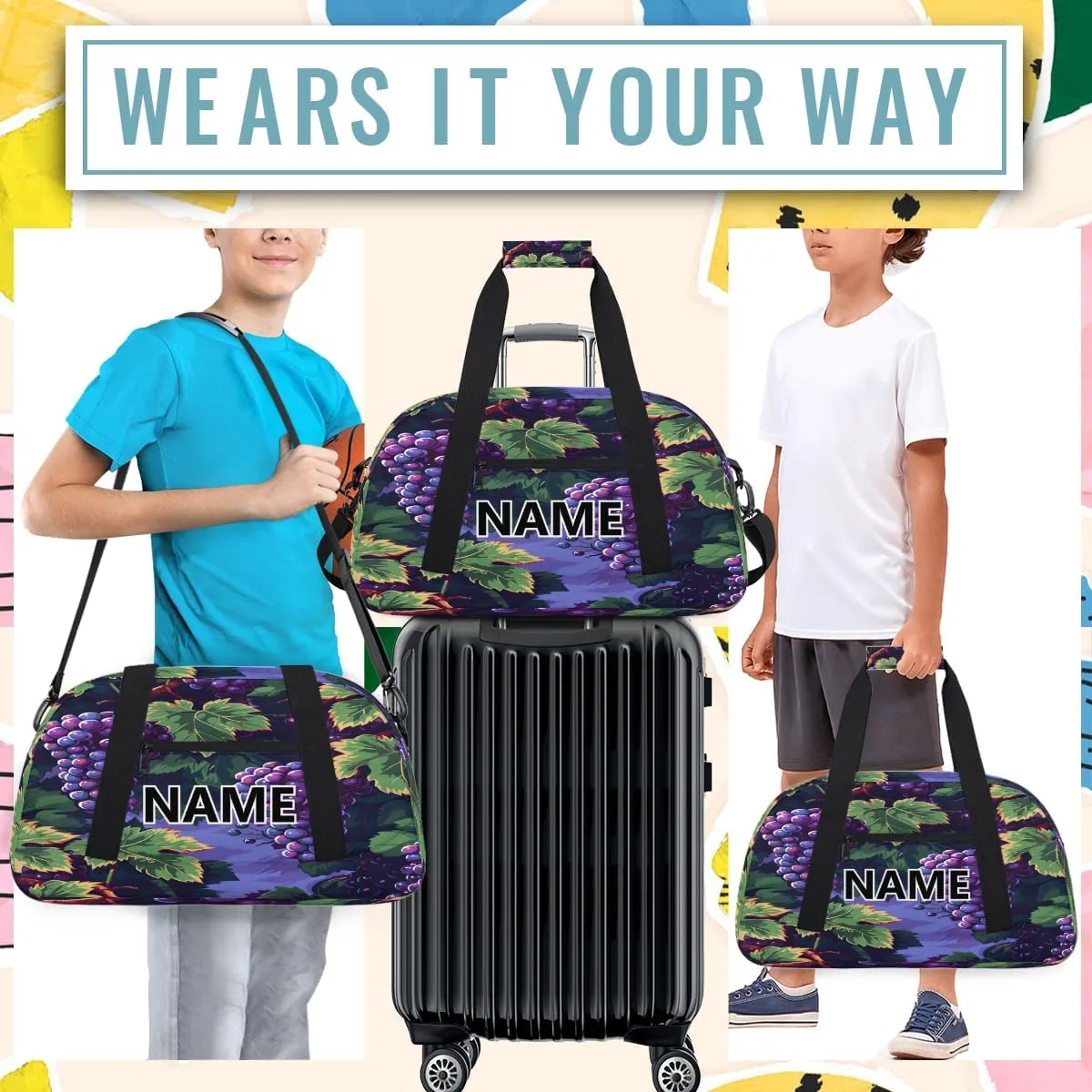 Purple Grapes Mini Gym Bag 18 inch for Women Men Waterproof Custom Grapes Fruits Travel Duffel Bag Carry On Overnight Tote Nurse Bag for Work Fitness Hiking
