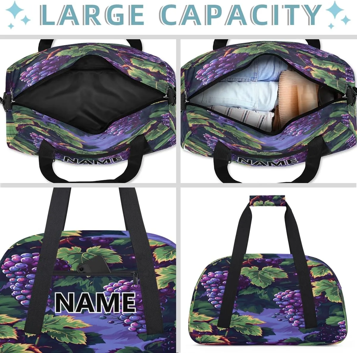 Purple Grapes Mini Gym Bag 18 inch for Women Men Waterproof Custom Grapes Fruits Travel Duffel Bag Carry On Overnight Tote Nurse Bag for Work Fitness Hiking