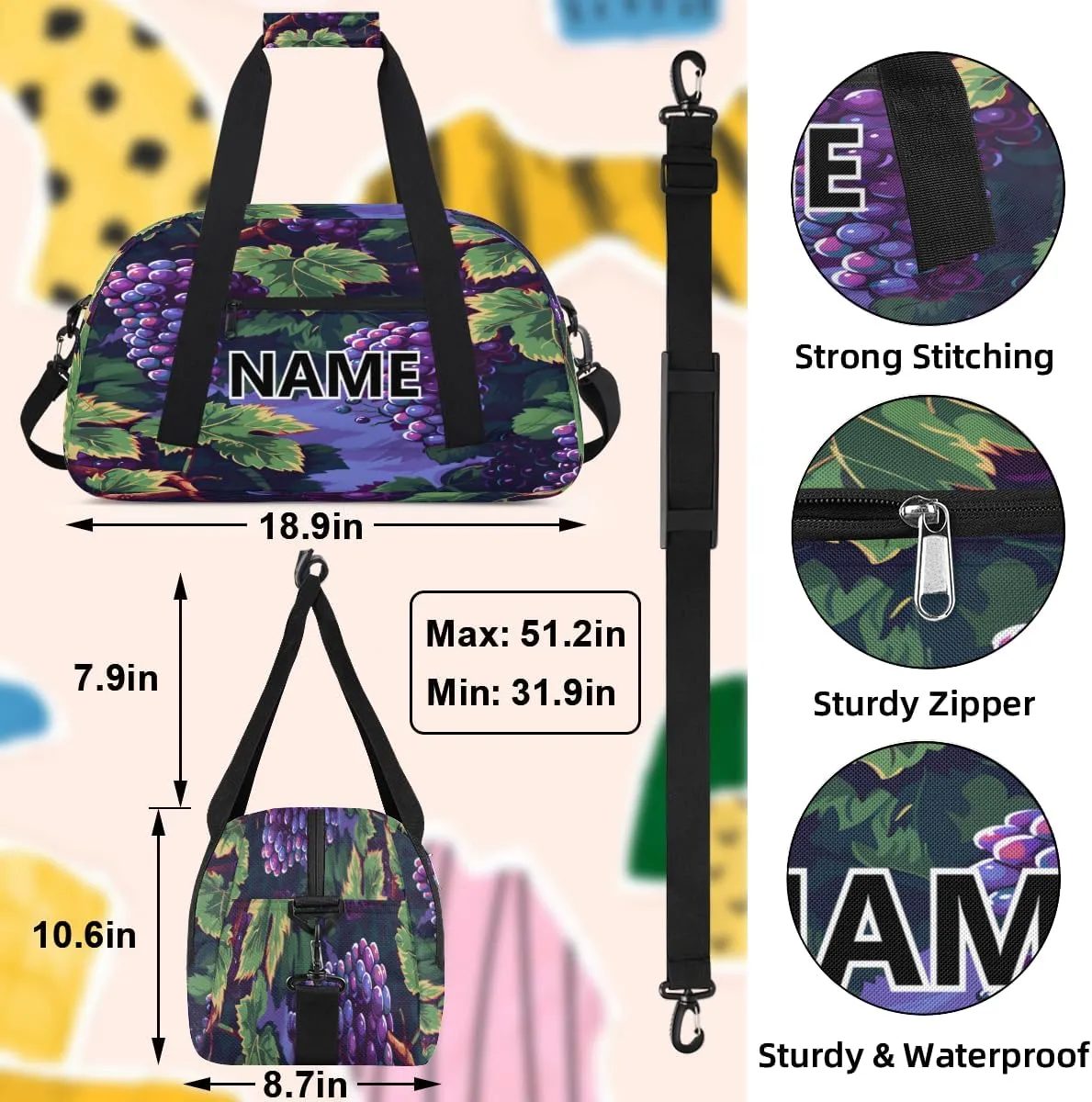 Purple Grapes Mini Gym Bag 18 inch for Women Men Waterproof Custom Grapes Fruits Travel Duffel Bag Carry On Overnight Tote Nurse Bag for Work Fitness Hiking