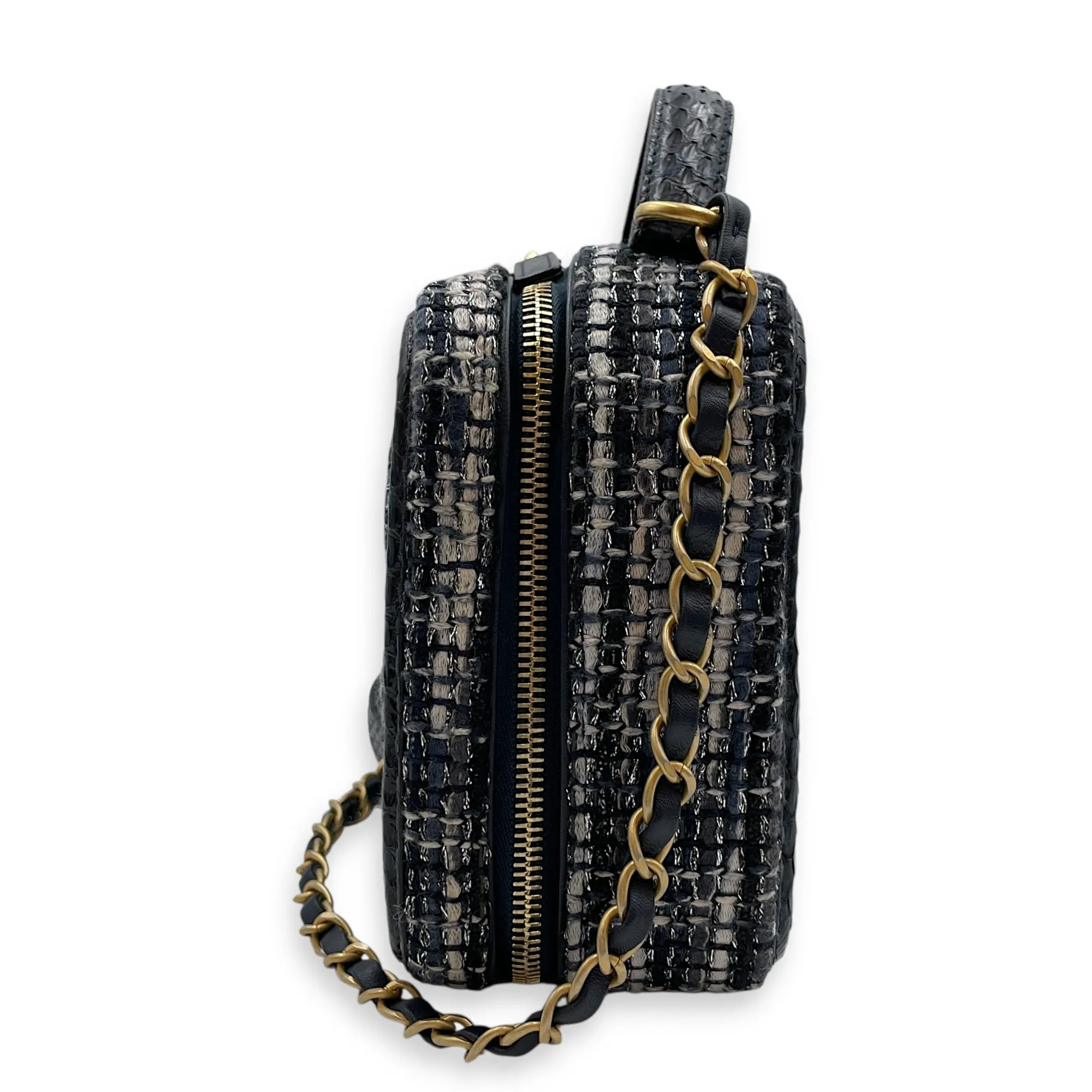 Python Vanity Filigree Blue Crossbody Bag in Tweed, Gold hardware
