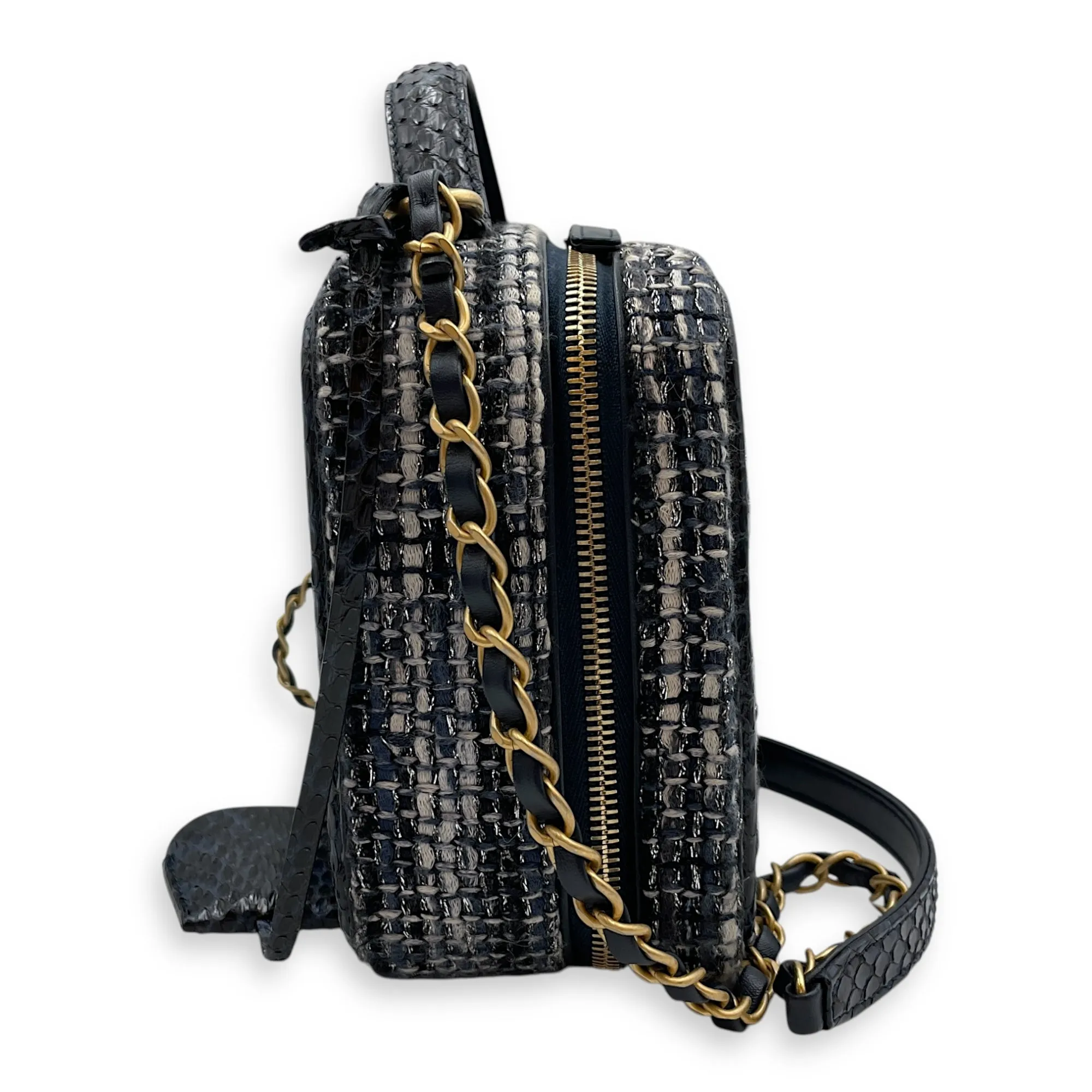Python Vanity Filigree Blue Crossbody Bag in Tweed, Gold hardware