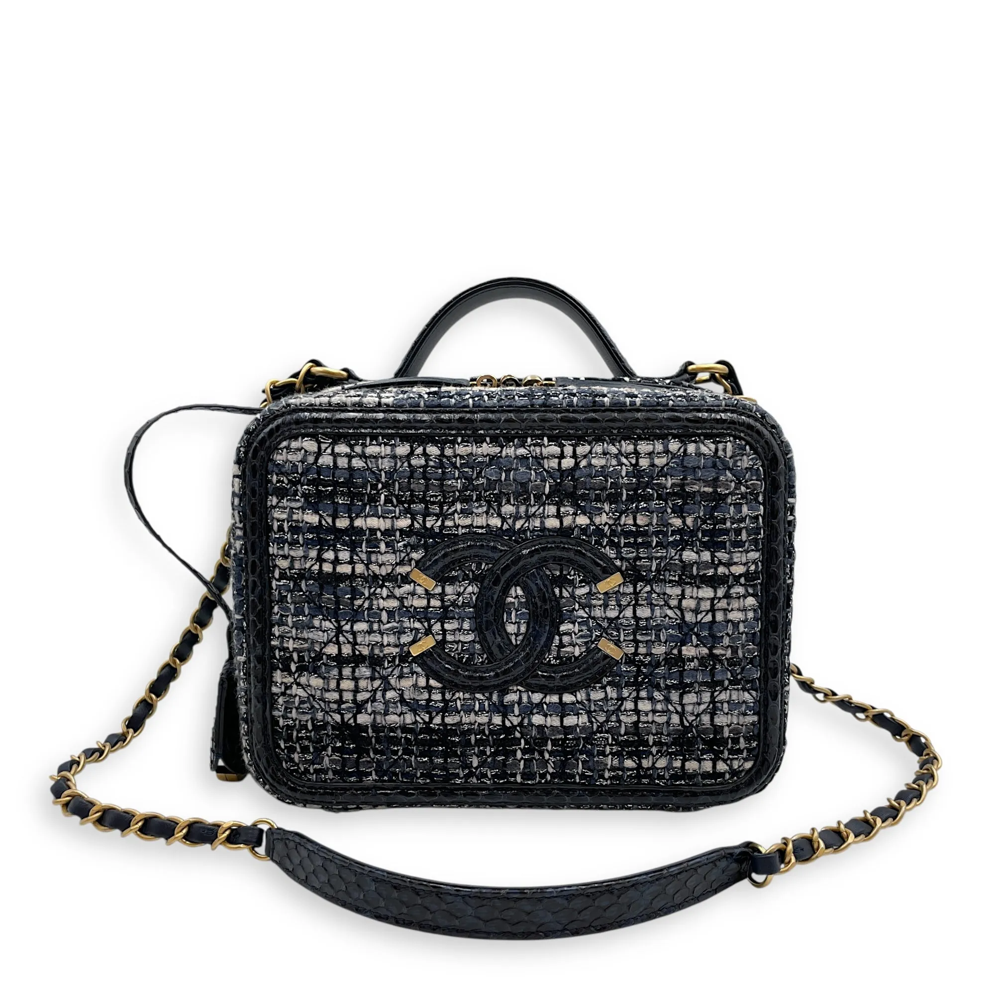Python Vanity Filigree Blue Crossbody Bag in Tweed, Gold hardware