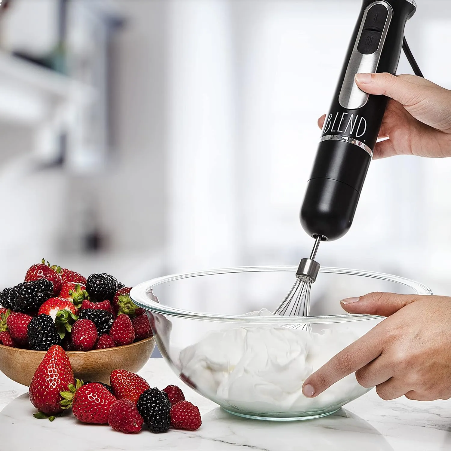 Rae Dunn Immersion Hand Blender- Handheld Immersion Blender with Egg Whisk and Milk Frother, 2 Speed Blender, 500 Watts, Stainless Steel Blade, Black, With Attachments