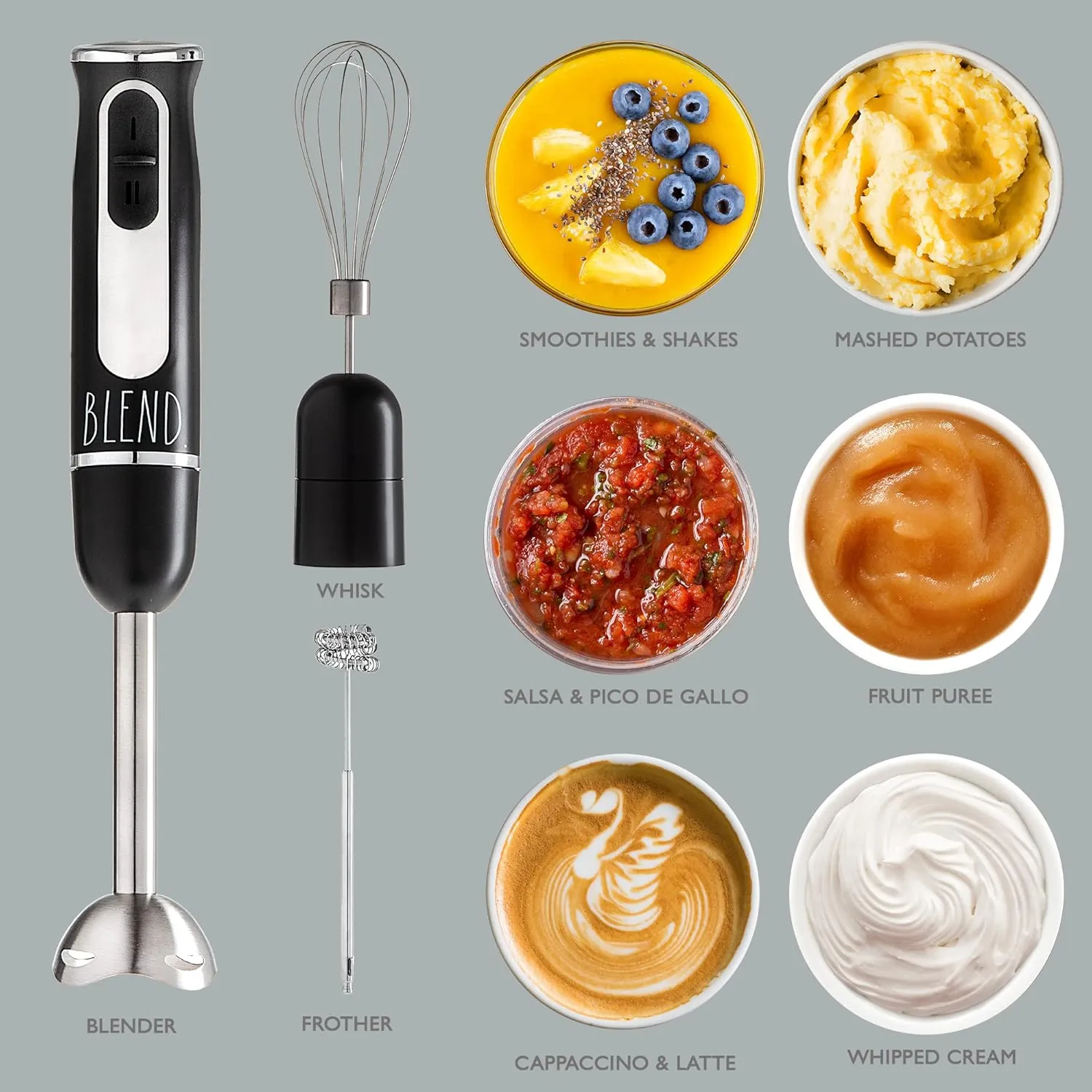 Rae Dunn Immersion Hand Blender- Handheld Immersion Blender with Egg Whisk and Milk Frother, 2 Speed Blender, 500 Watts, Stainless Steel Blade, Black, With Attachments