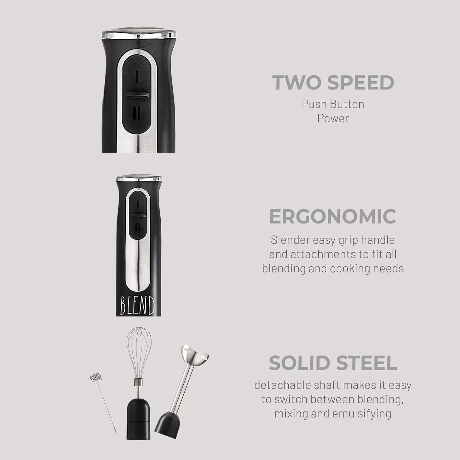 Rae Dunn Immersion Hand Blender- Handheld Immersion Blender with Egg Whisk and Milk Frother, 2 Speed Blender, 500 Watts, Stainless Steel Blade, Black, With Attachments