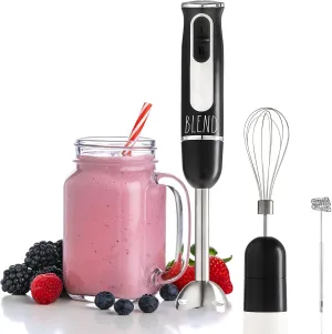 Rae Dunn Immersion Hand Blender- Handheld Immersion Blender with Egg Whisk and Milk Frother, 2 Speed Blender, 500 Watts, Stainless Steel Blade, Black, With Attachments