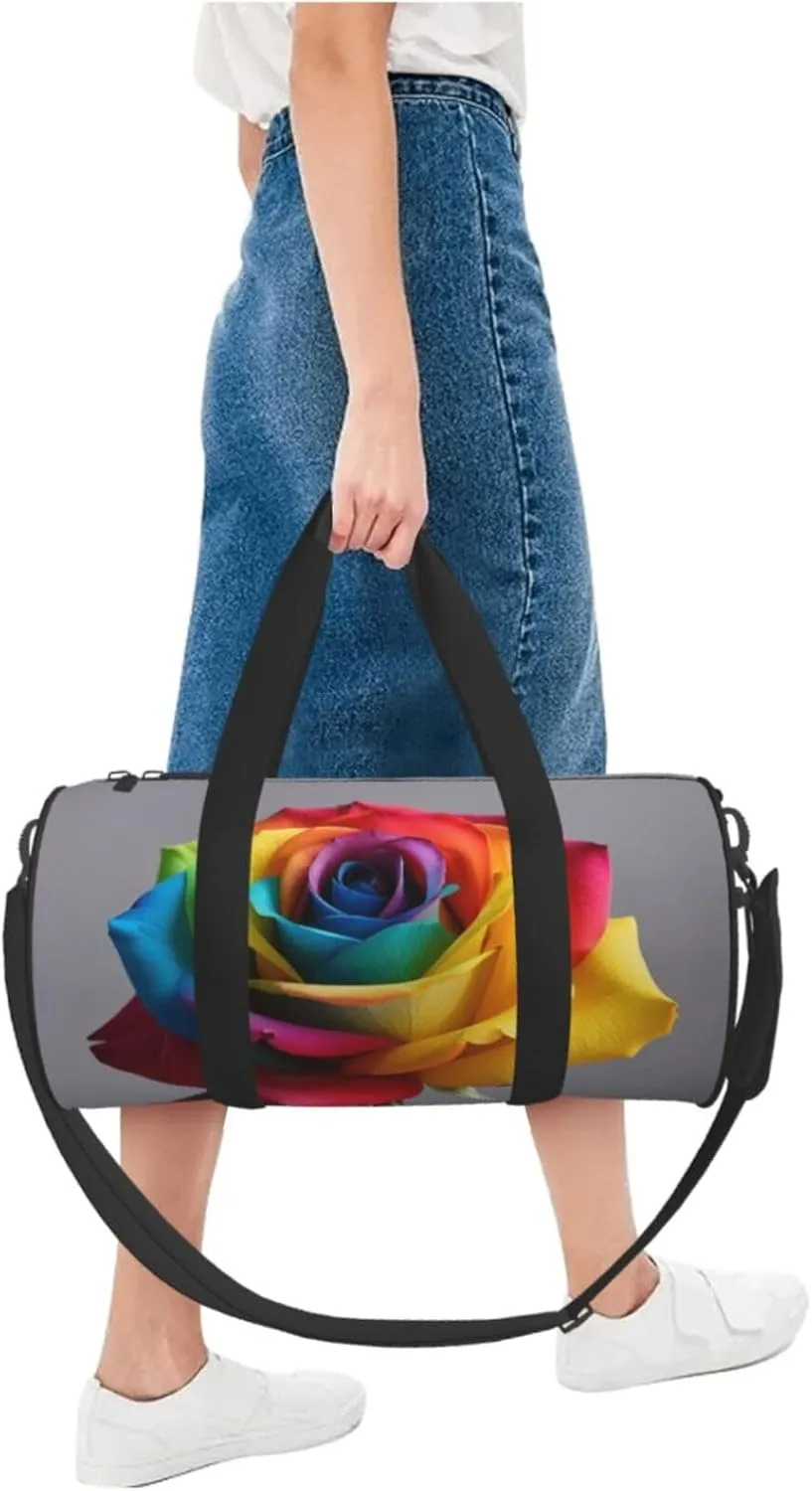 Rainbow Rose Printed Travel Bag,Round Personal Item Storage bag,Foldie Duffel Bag for Traveling Vacation,Fitness,Sports