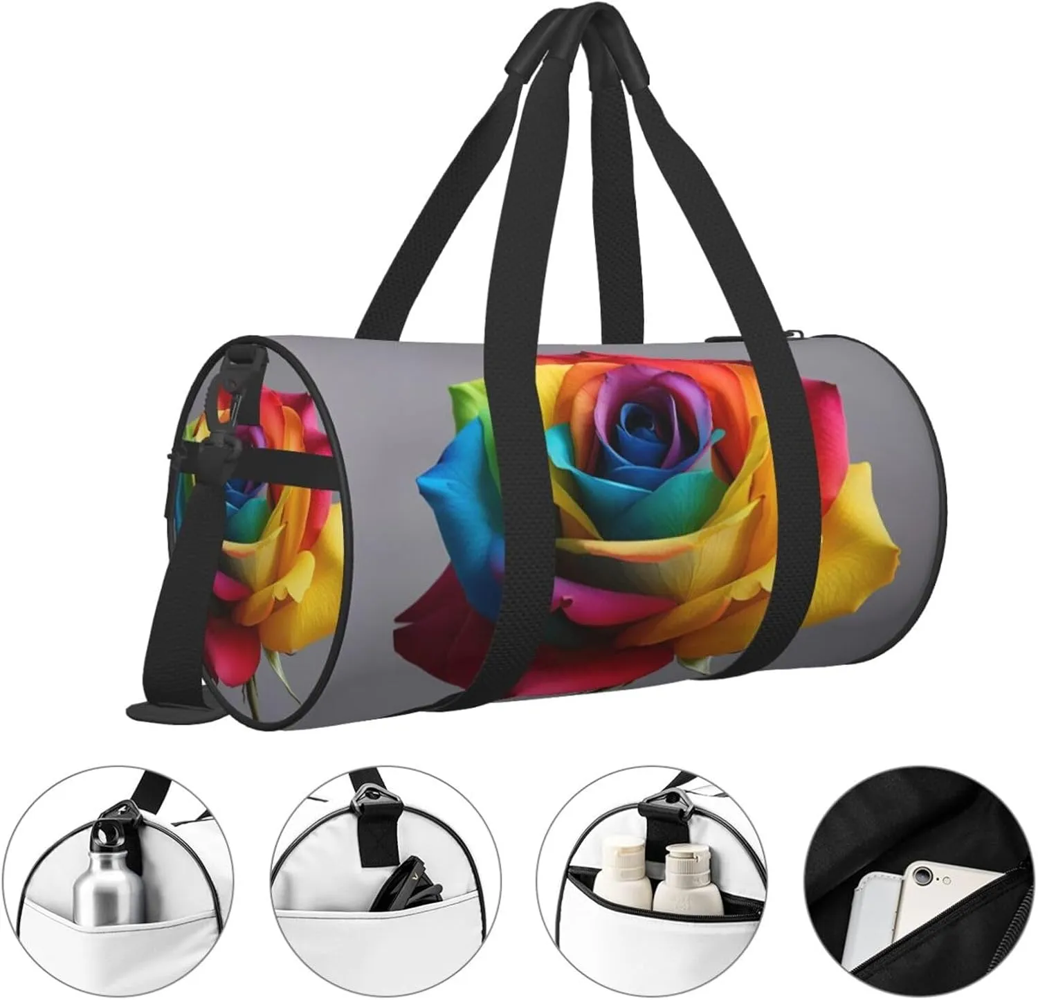 Rainbow Rose Printed Travel Bag,Round Personal Item Storage bag,Foldie Duffel Bag for Traveling Vacation,Fitness,Sports