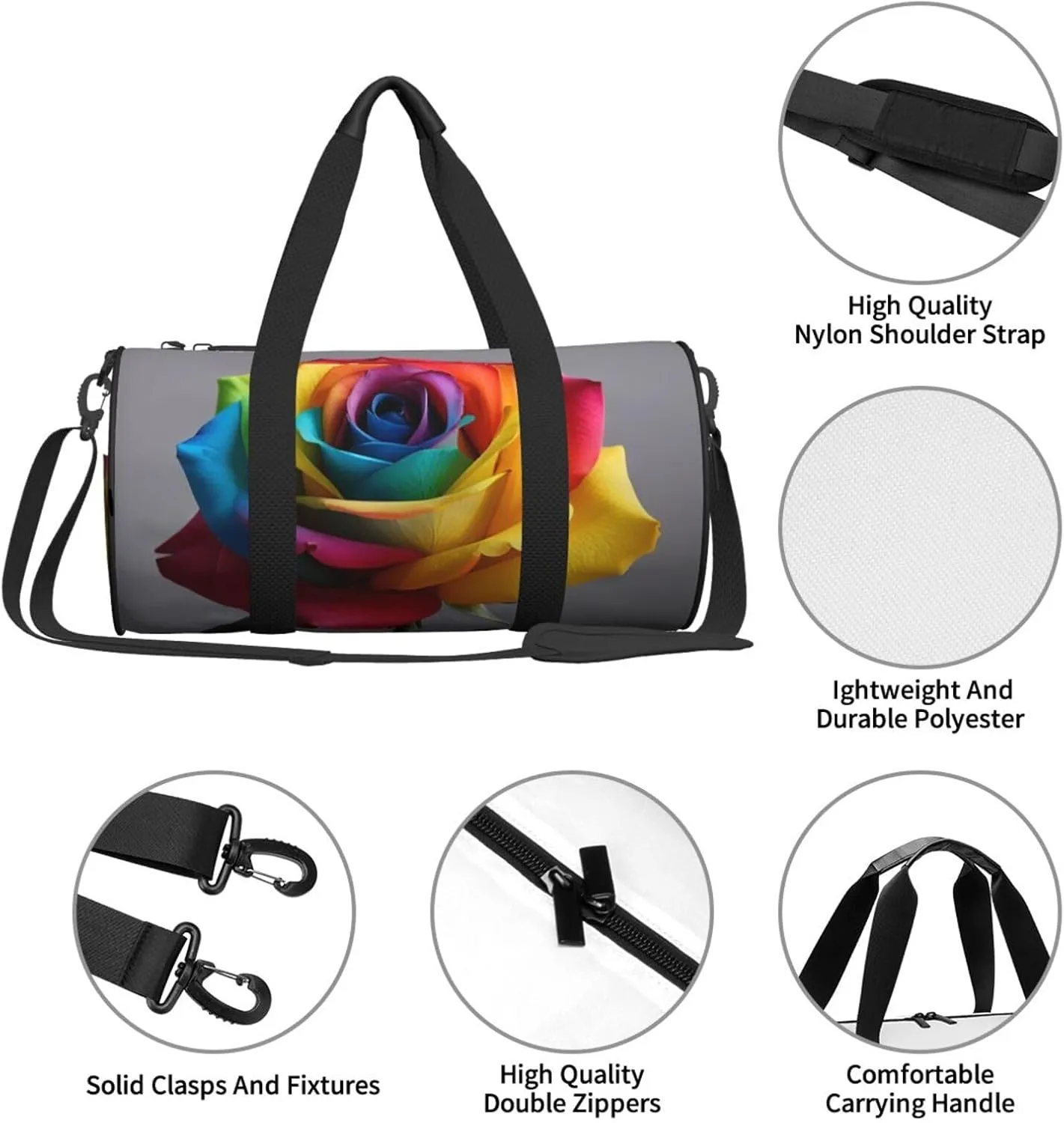 Rainbow Rose Printed Travel Bag,Round Personal Item Storage bag,Foldie Duffel Bag for Traveling Vacation,Fitness,Sports
