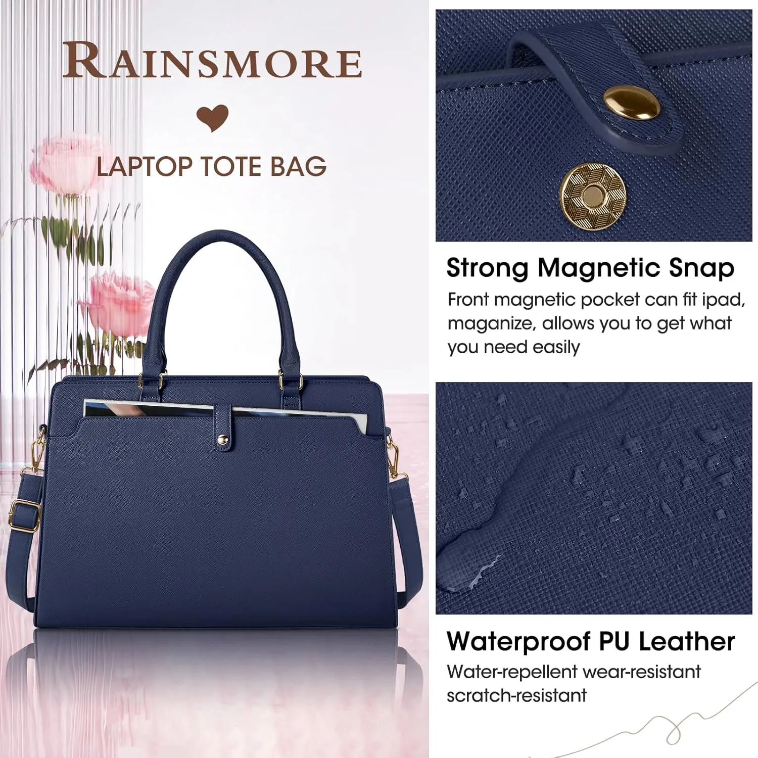 RAINSMORE Laptop Bag for Women 15.6 Inch Laptop Tote Bag Leather Work Bag Waterproof Womens Briefcase Business Office Computer Tote Bag Large Capacity Handbag Shoulder Bag Purple Blue