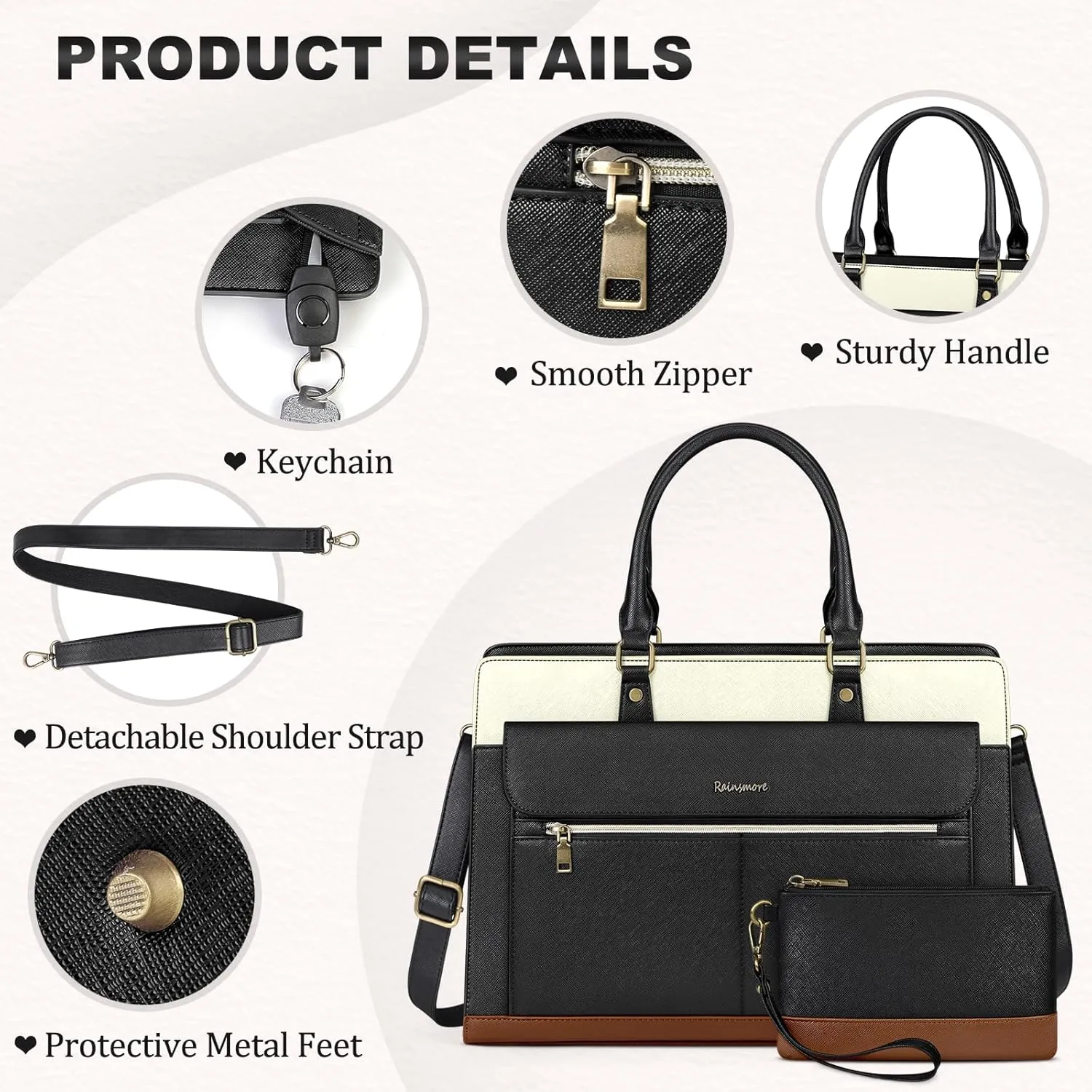 RAINSMORE Women's 15.6 Inch Laptop Tote Bag, Waterproof PU Leather Briefcase, Cross Pattern, Modern Utility Style