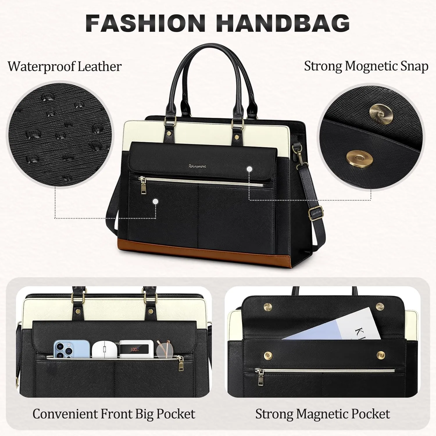 RAINSMORE Women's 15.6 Inch Laptop Tote Bag, Waterproof PU Leather Briefcase, Cross Pattern, Modern Utility Style
