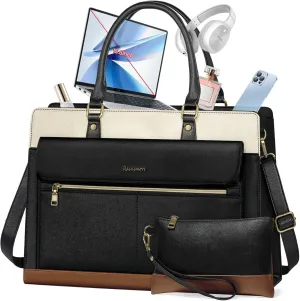 RAINSMORE Women's 15.6 Inch Laptop Tote Bag, Waterproof PU Leather Briefcase, Cross Pattern, Modern Utility Style