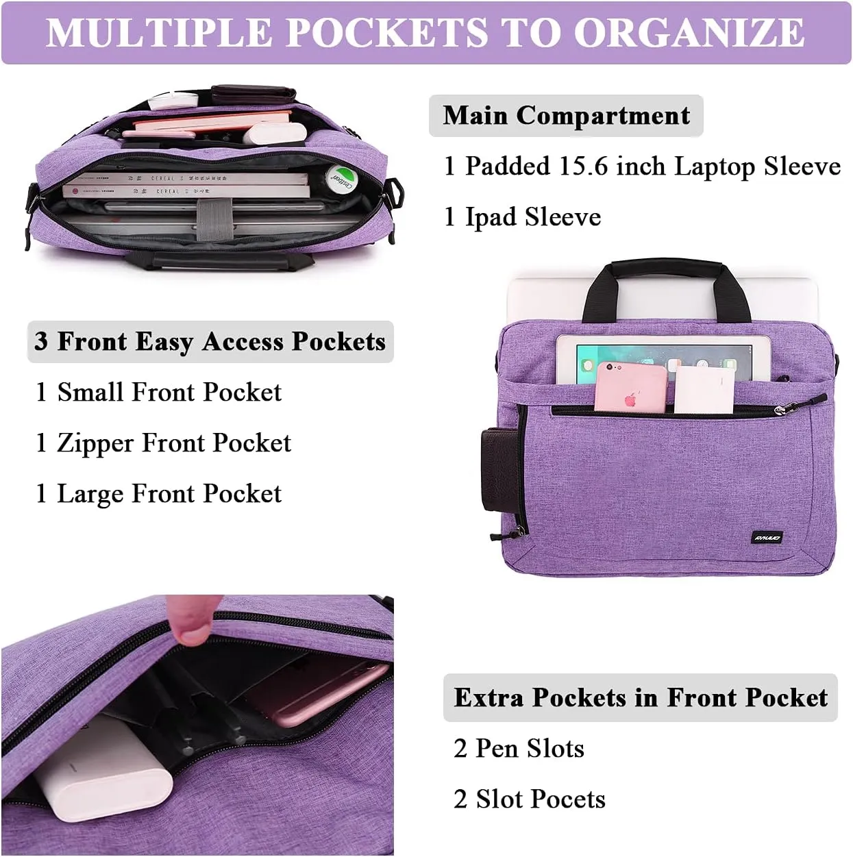 RAVUO Laptop Bag for Women, 15.6 inch Lightweight Shoulder Bag Water Resistant Shockproof Laptop Sleeve Case Business Briefcase with Shoulder Strap Purple