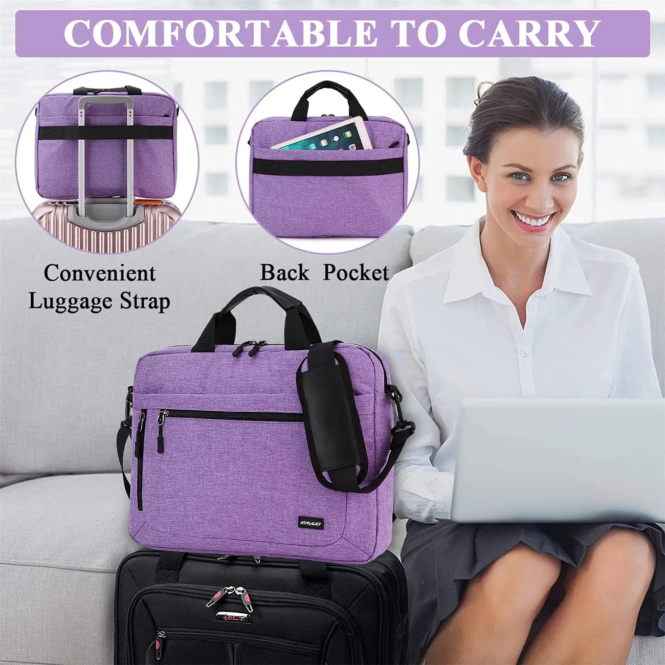 RAVUO Laptop Bag for Women, 15.6 inch Lightweight Shoulder Bag Water Resistant Shockproof Laptop Sleeve Case Business Briefcase with Shoulder Strap Purple