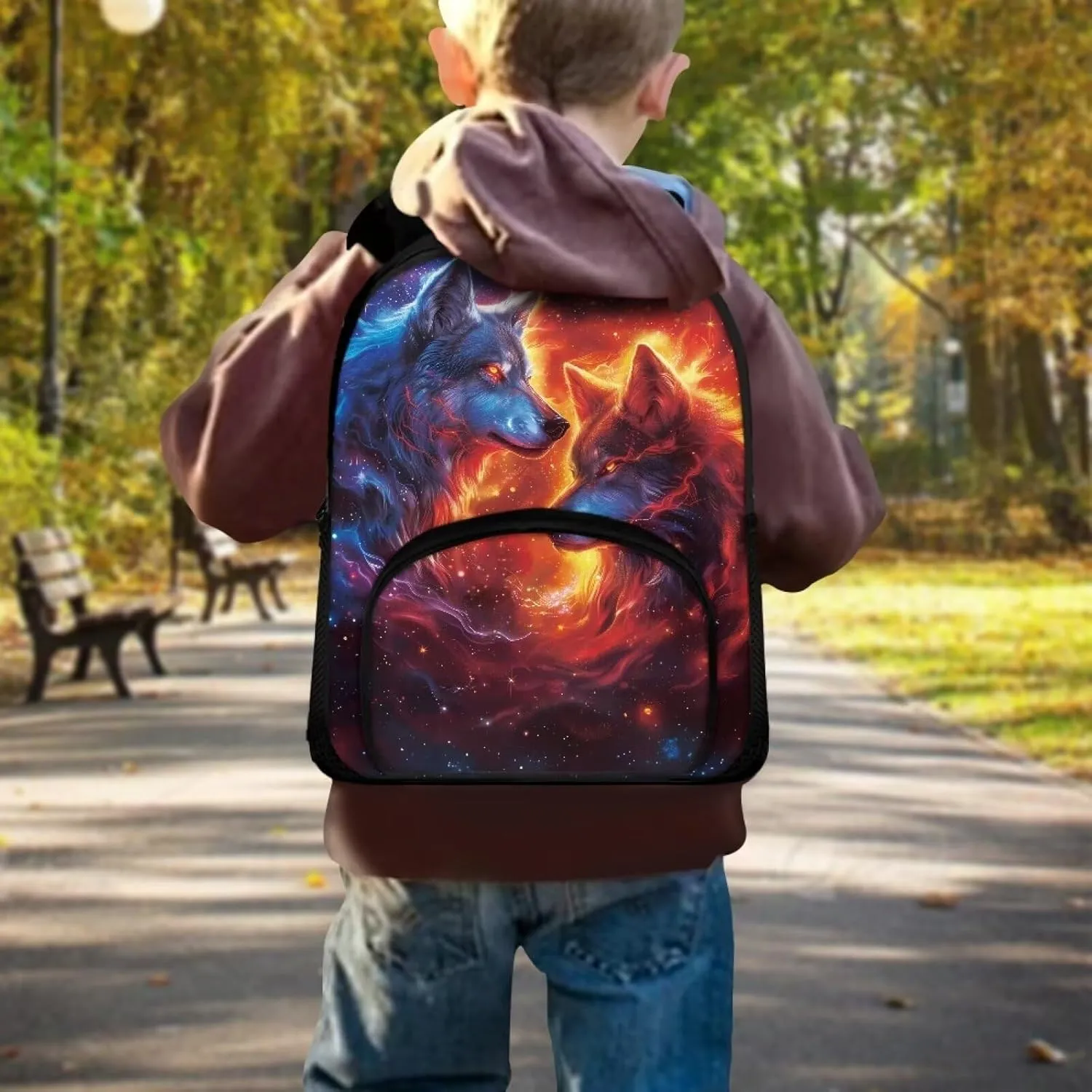 Red and Blue Wolf Toddler Backpack for Boys, Preschool Kindergarten Mini Daycare Bag for Kids Back to School Supplies
