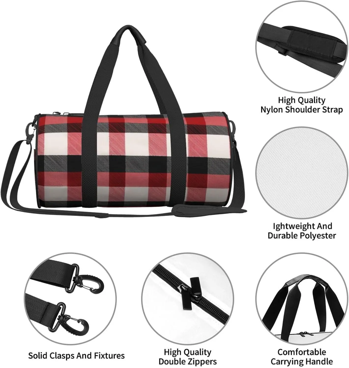Red Black Buffalo Check Plaid Pattern Printed Travel Bag,Round Personal Item Storage bag,Foldie Duffel Bag for Traveling Vacation,Fitness,Sports