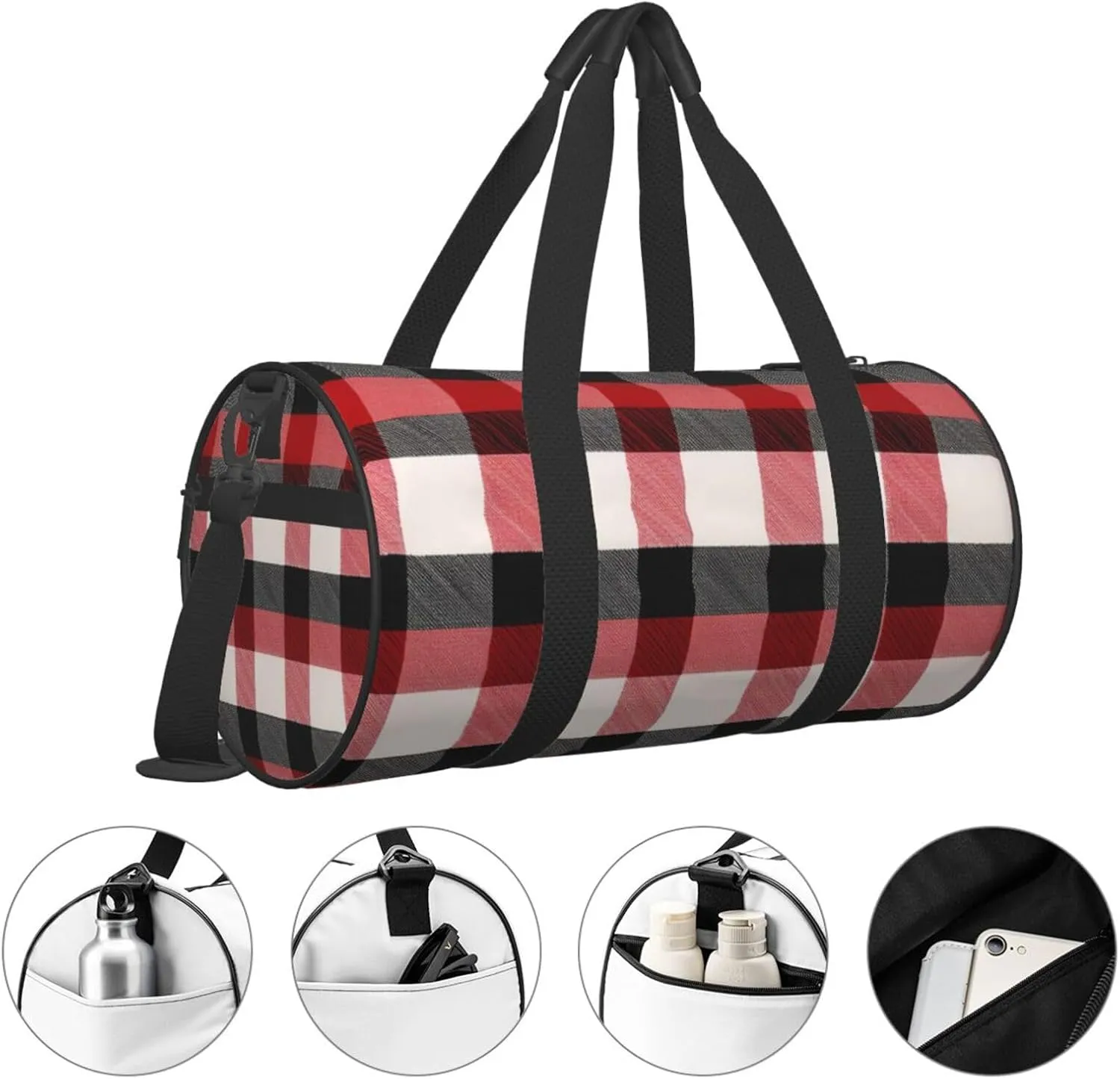 Red Black Buffalo Check Plaid Pattern Printed Travel Bag,Round Personal Item Storage bag,Foldie Duffel Bag for Traveling Vacation,Fitness,Sports