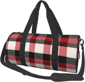 Red Black Buffalo Check Plaid Pattern Printed Travel Bag,Round Personal Item Storage bag,Foldie Duffel Bag for Traveling Vacation,Fitness,Sports