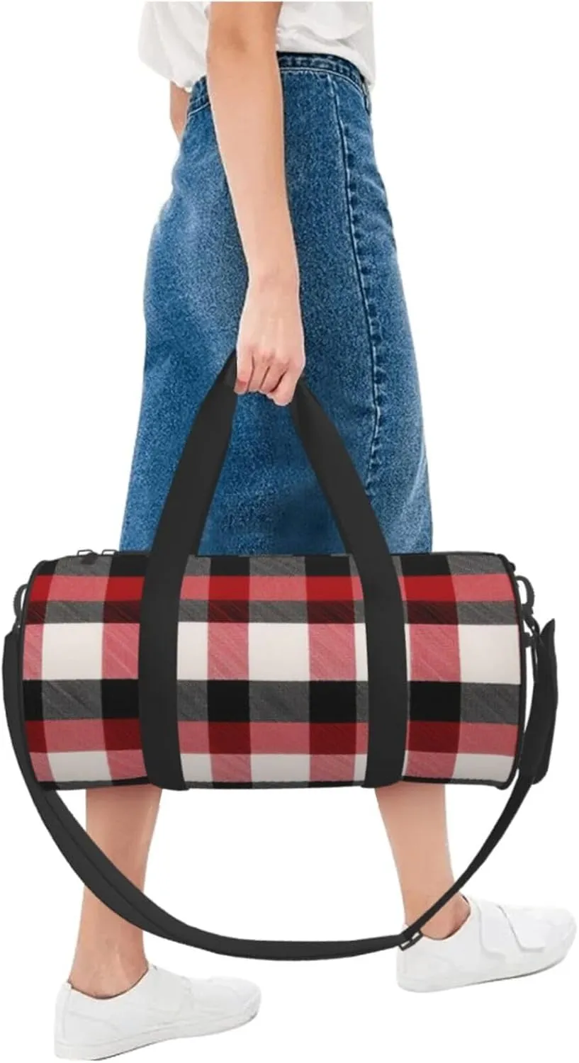 Red Black Buffalo Check Plaid Pattern Printed Travel Bag,Round Personal Item Storage bag,Foldie Duffel Bag for Traveling Vacation,Fitness,Sports