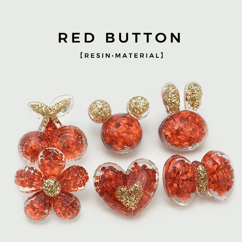 Red Cartoon Glitter Resin Heart Rabbit Flower Buttons 30 Pack(6 Styles)