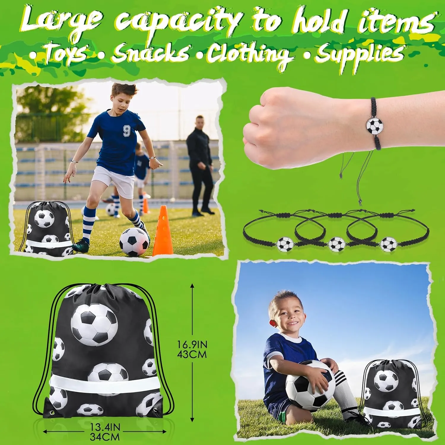 Reginary 18 Pcs Soccer Drawstring Bag and 18 Pcs Soccer Bracelet Bulk, Soccer Goodie Bags Party Favor Bags Soccer Drawstring Backpack Adjustable Braided Soccer Charm Bracelet for Boys Girls (Stylish)