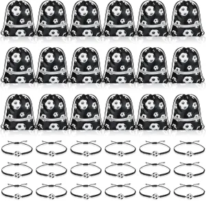 Reginary 18 Pcs Soccer Drawstring Bag and 18 Pcs Soccer Bracelet Bulk, Soccer Goodie Bags Party Favor Bags Soccer Drawstring Backpack Adjustable Braided Soccer Charm Bracelet for Boys Girls (Stylish)