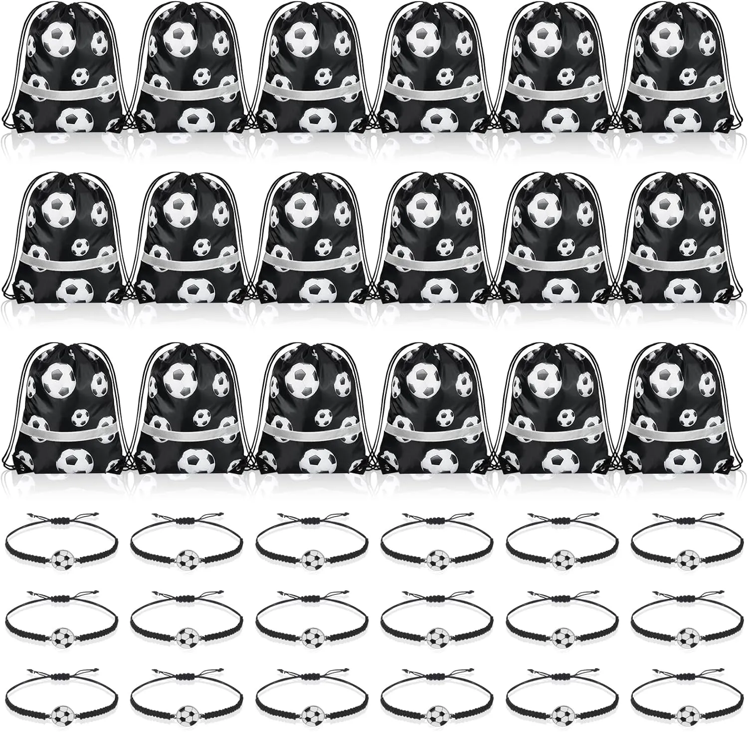 Reginary 18 Pcs Soccer Drawstring Bag and 18 Pcs Soccer Bracelet Bulk, Soccer Goodie Bags Party Favor Bags Soccer Drawstring Backpack Adjustable Braided Soccer Charm Bracelet for Boys Girls (Stylish)