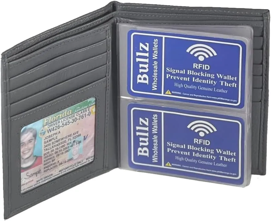 RFID Leather European Bifold Hipster Mens Wallet With Heavy Duty Vinyl Wallet Insert (Gray)