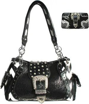 Rhinestone Buckle Zebra Pattern Purse with Matching Wallet Black Set (Black)