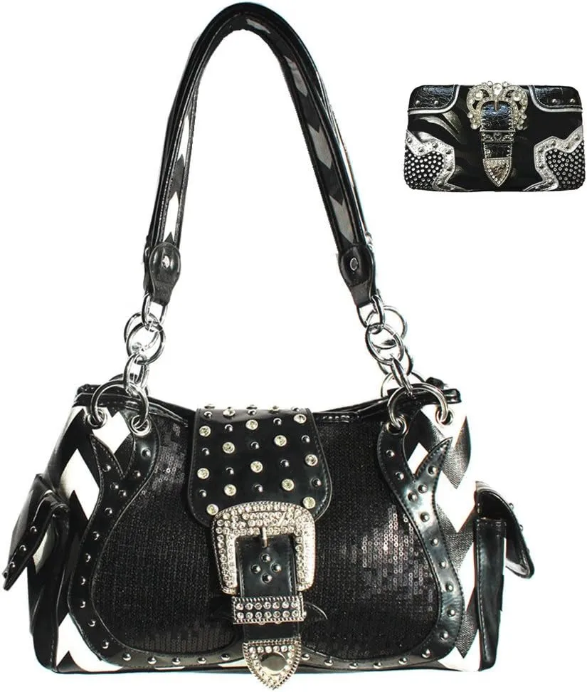 Rhinestone Buckle Zebra Pattern Purse with Matching Wallet Black Set (Black)