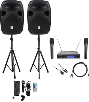 Rockville Power GIG RPG-122K All In One DJ/PA Package (2) 12" DJ/PA Speakers 1000 Watts Peak Power/250 Watts RMS with Built in Bluetooth, USB/SD Player, FM Tuner, Speaker Stands and a Wired Microphone