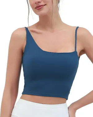 romansong Women's Backless Long Line Sports Bras One Shoulder Padded Strappy Workout Tank Tops Sexy U Back Cute Yoga Bra