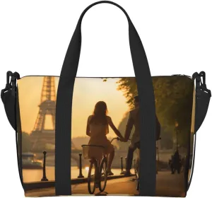 Romantic Paris Eiffel Tower Bycicle print Crossbody Shoulder Bag Large Weekender Overnight Hand Bag Shopping Work Handbag