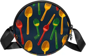 Round Crossbody Bags for Traveling, Womens Purses, Cartoon Forks and knives