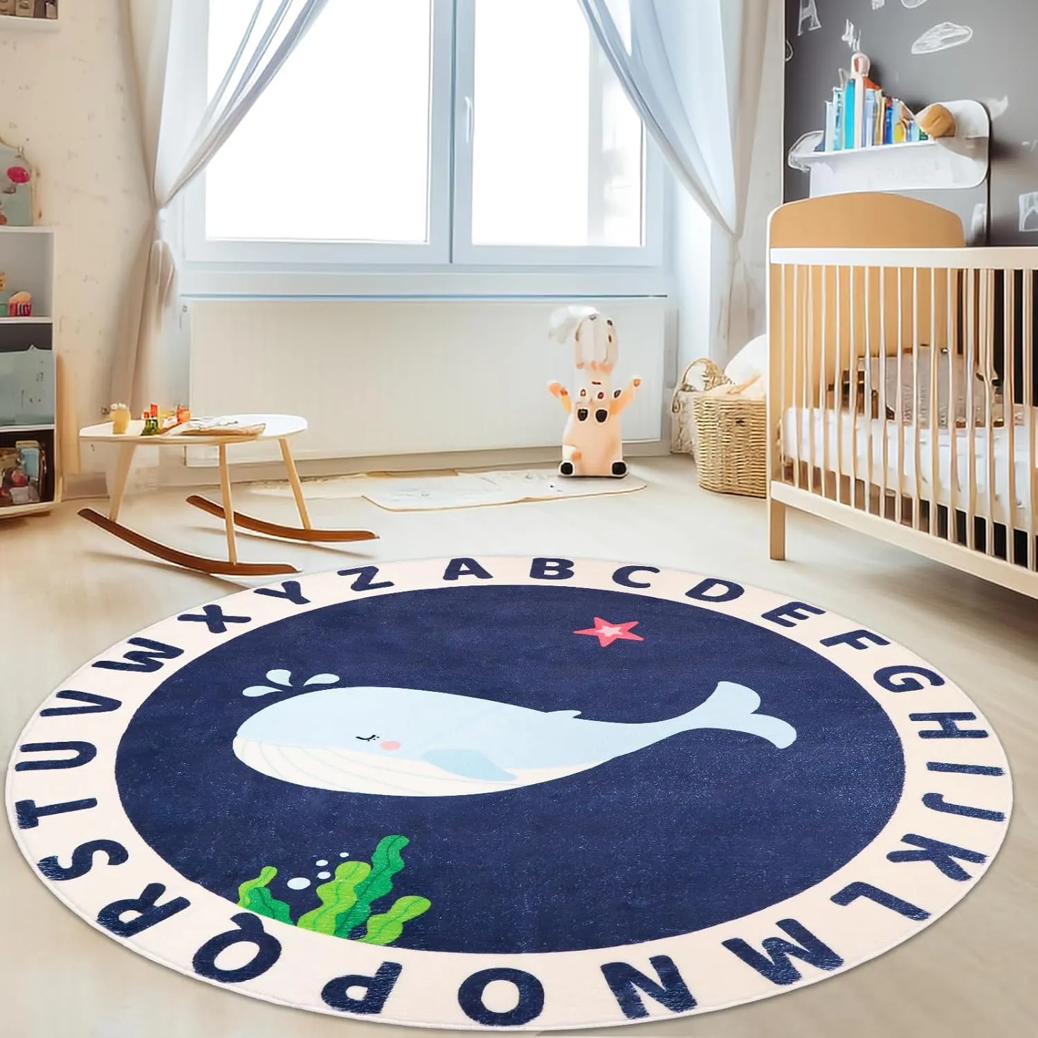 Round Kids Rug for Playroom,4ft ABC Alphabet Whale Kids Rug,Non-Slip Kids Rug Play Mat,Washable Educational Classroom Rug Kids Area Carpet for Kids Room Bedroom Nursery Playroom Decor, Blue