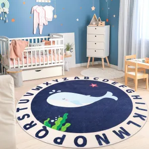 Round Kids Rug for Playroom,4ft ABC Alphabet Whale Kids Rug,Non-Slip Kids Rug Play Mat,Washable Educational Classroom Rug Kids Area Carpet for Kids Room Bedroom Nursery Playroom Decor, Blue