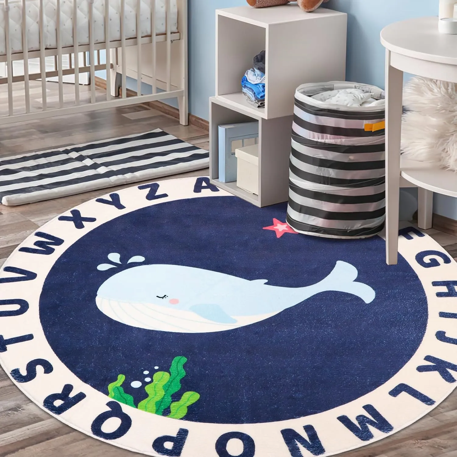 Round Kids Rug for Playroom,4ft ABC Alphabet Whale Kids Rug,Non-Slip Kids Rug Play Mat,Washable Educational Classroom Rug Kids Area Carpet for Kids Room Bedroom Nursery Playroom Decor, Blue