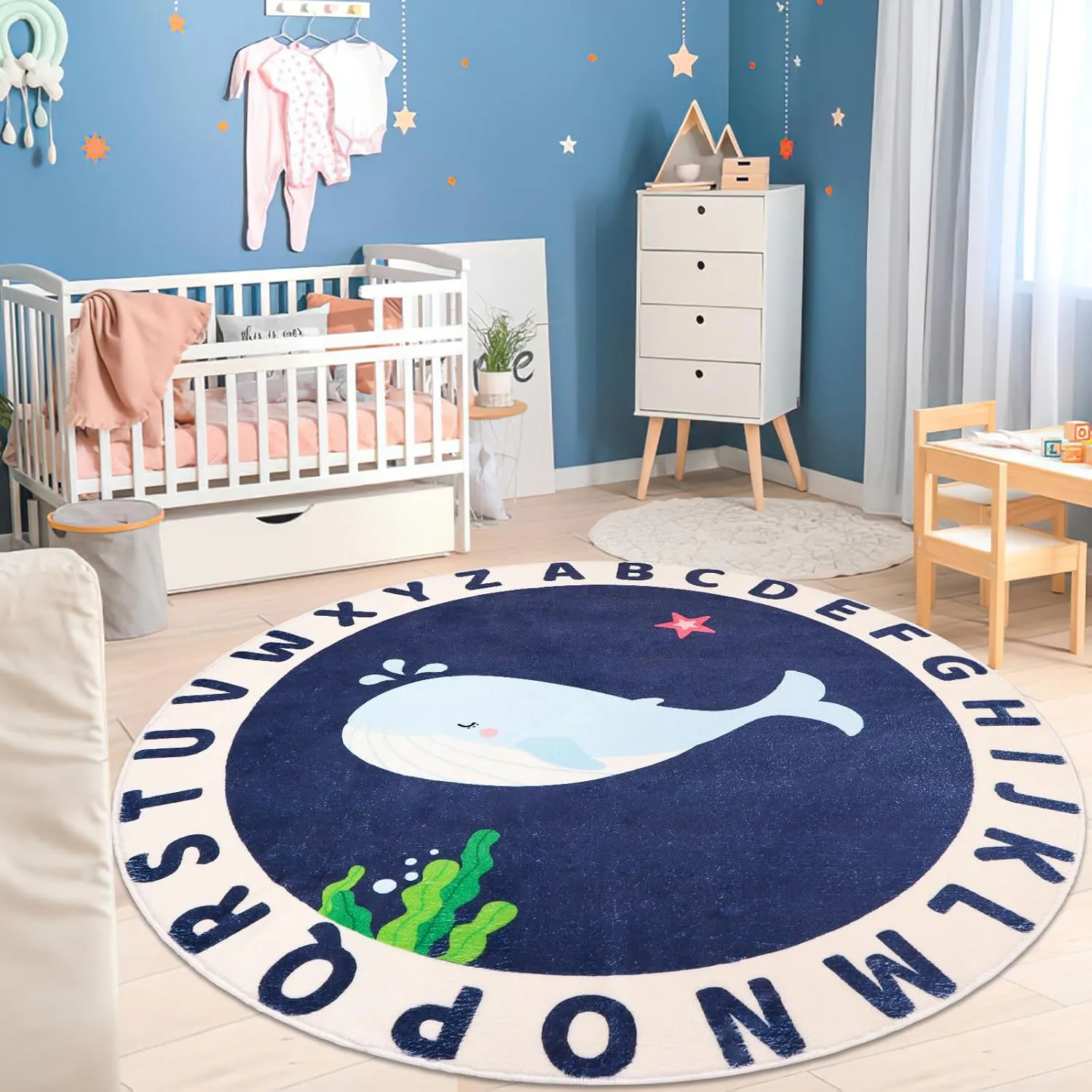 Round Kids Rug for Playroom,4ft ABC Alphabet Whale Kids Rug,Non-Slip Kids Rug Play Mat,Washable Educational Classroom Rug Kids Area Carpet for Kids Room Bedroom Nursery Playroom Decor, Blue