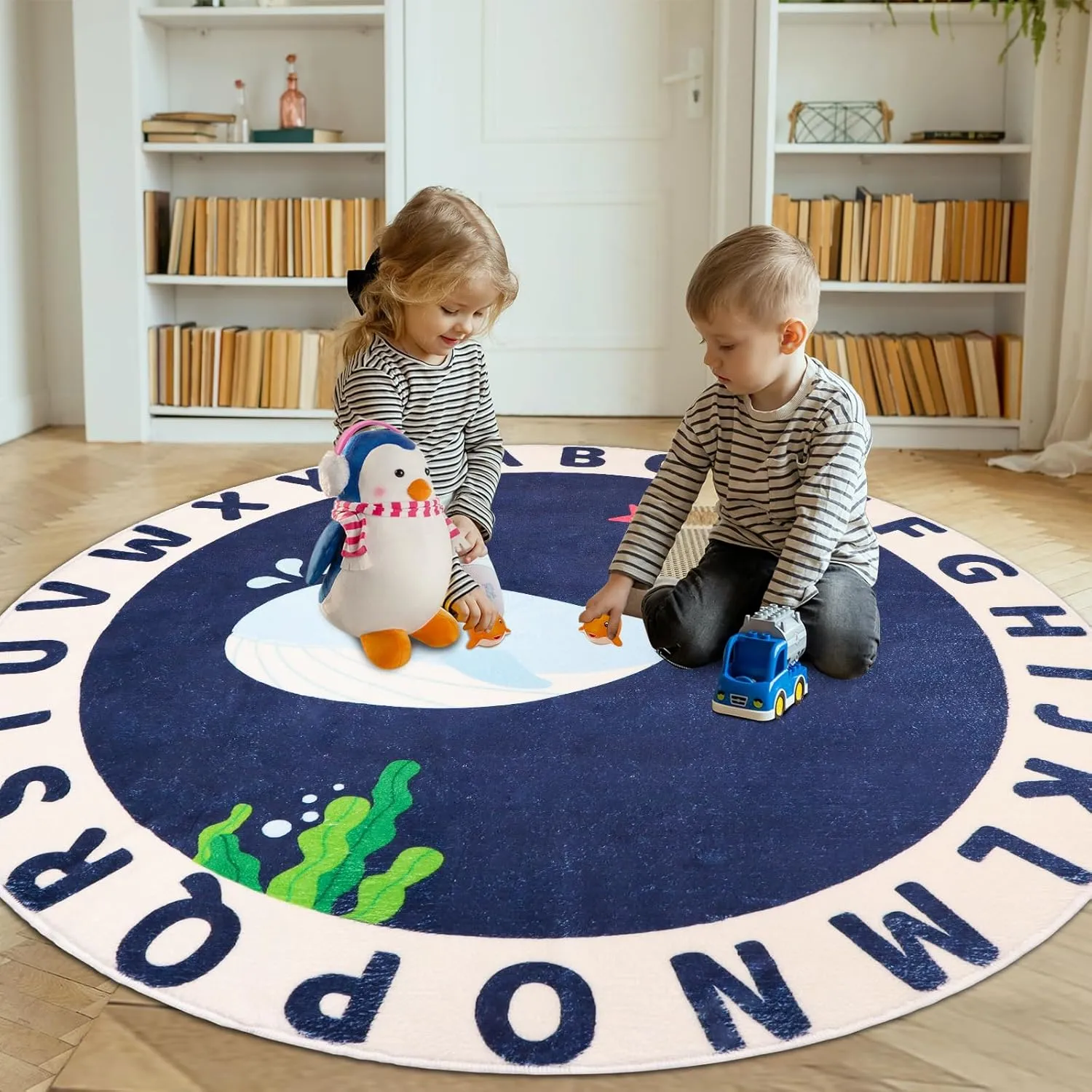 Round Kids Rug for Playroom,4ft ABC Alphabet Whale Kids Rug,Non-Slip Kids Rug Play Mat,Washable Educational Classroom Rug Kids Area Carpet for Kids Room Bedroom Nursery Playroom Decor, Blue