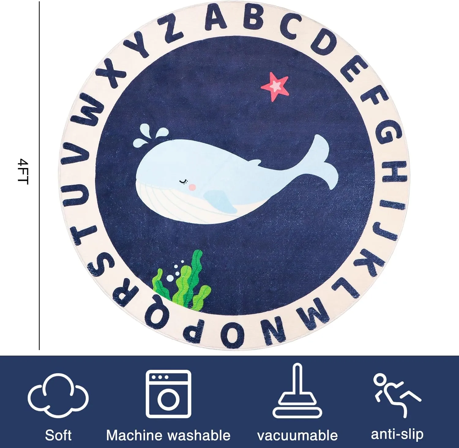 Round Kids Rug for Playroom,4ft ABC Alphabet Whale Kids Rug,Non-Slip Kids Rug Play Mat,Washable Educational Classroom Rug Kids Area Carpet for Kids Room Bedroom Nursery Playroom Decor, Blue