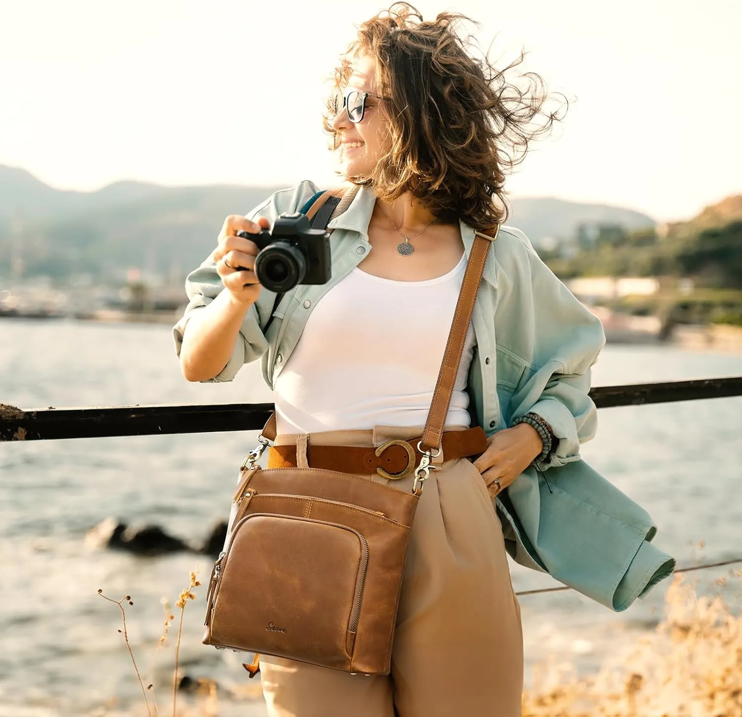 S-ZONE Crossbody Bags Purses for Women Trendy Genuine Leather Four Zipper Pockets Shoulder Handbags