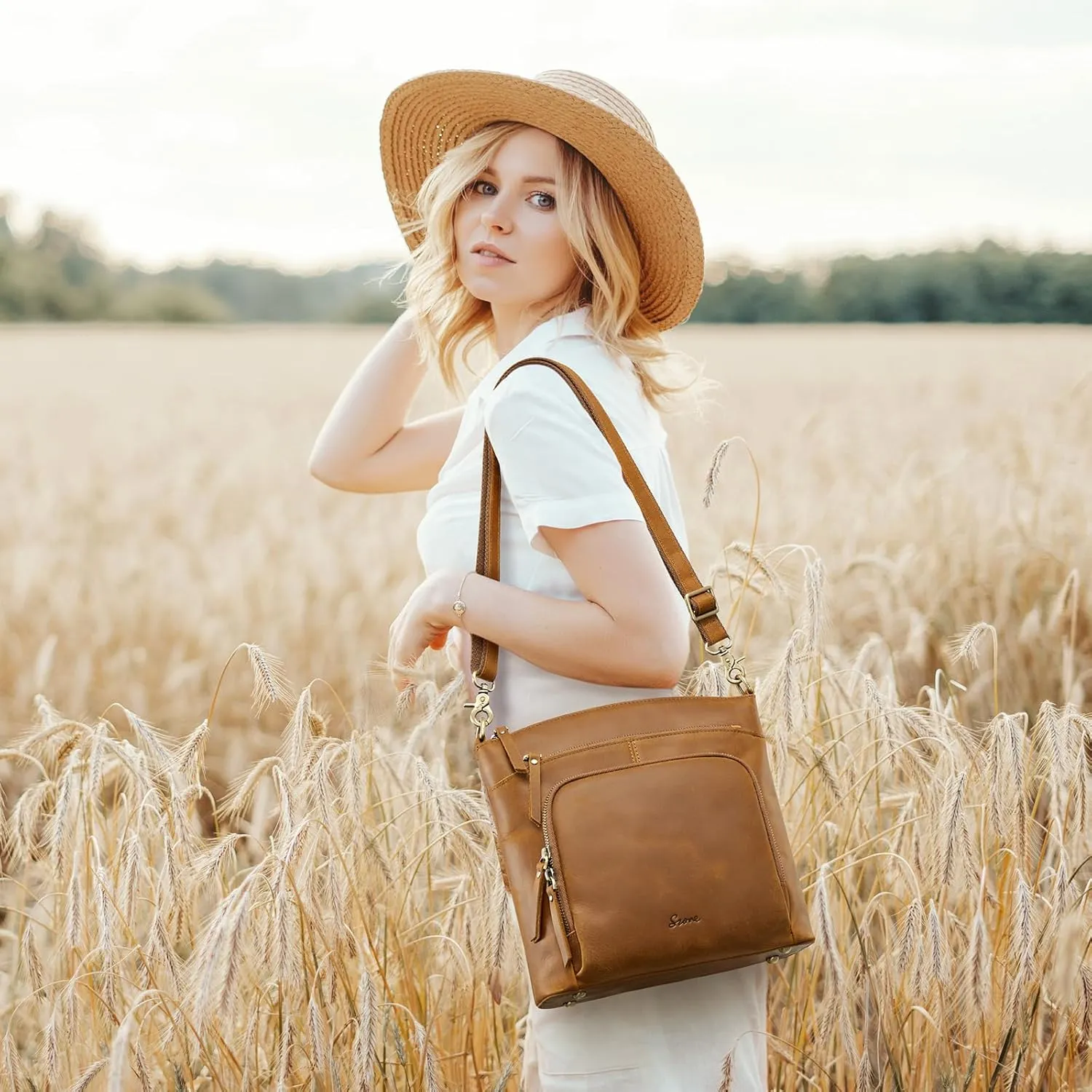 S-ZONE Crossbody Bags Purses for Women Trendy Genuine Leather Four Zipper Pockets Shoulder Handbags