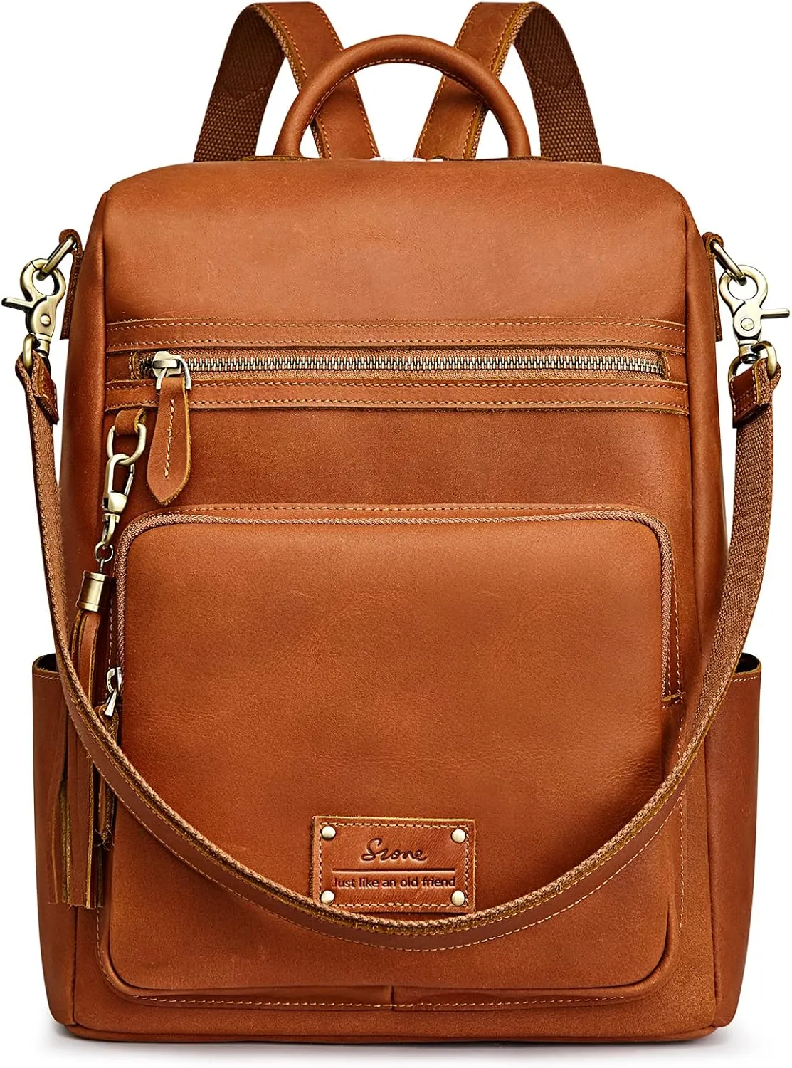 S-ZONE Genuine Leather Women Backpack Purse Vintage Fashion Shoulder Bag Travel Rucksack Daypack with Tassel Luggage Sleeve Cognac