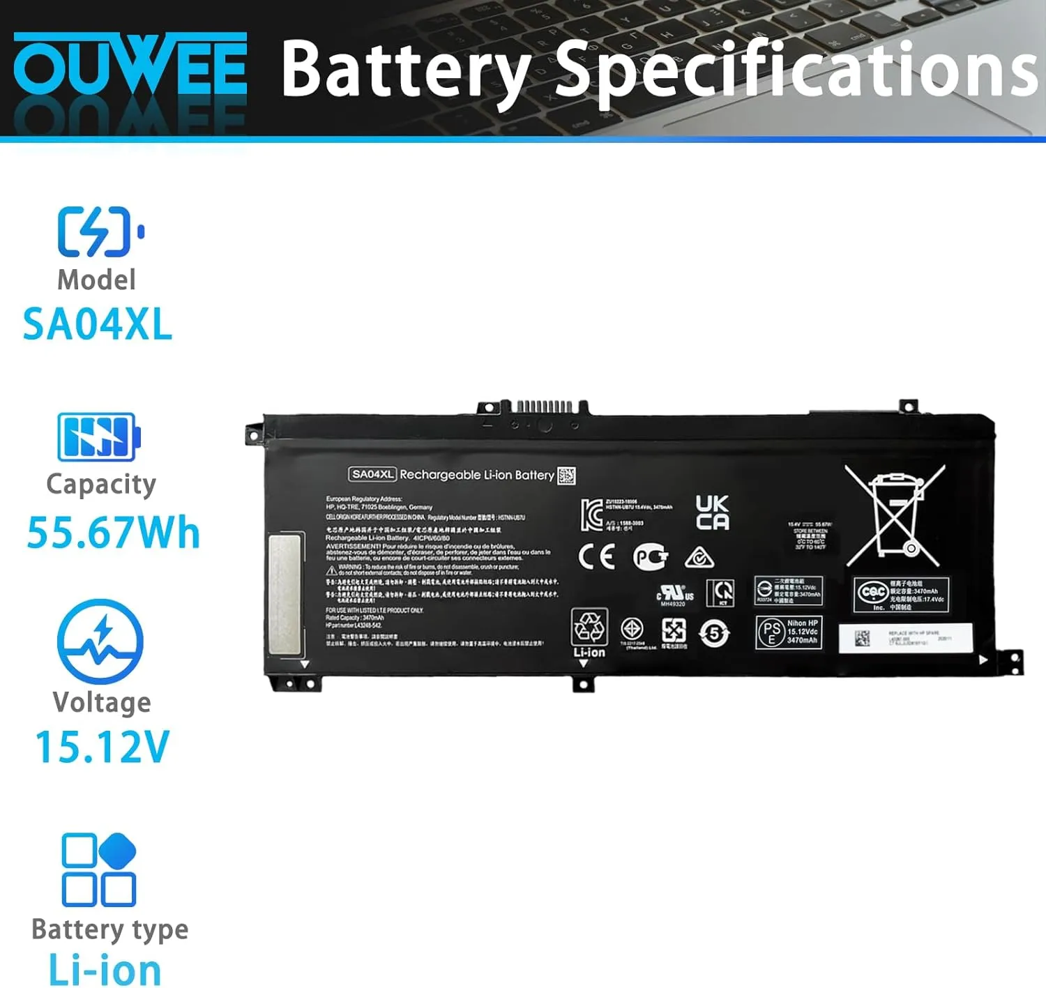SA04XL Laptop Battery Compatible with HP Envy X360 15-DR 15-DR0010TX Series Notebook HSTNN-OB1F HSTNN-OB1G HSTNN-UB7U L43248-541 L43248-AC1 L43248-AC2 L43267-005 SAO4XL 15.12V 55.67Wh