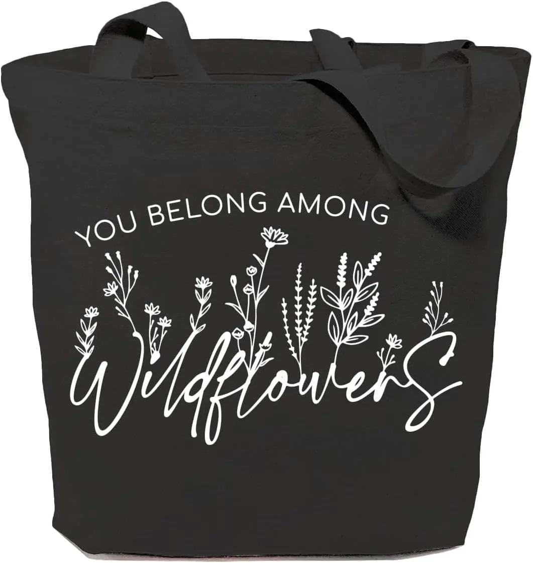 SAUIVD Inspirational Floral Canvas Tote Bag Funny Wildflowers Tote Bag Flower Shopping Shoulder Bags Reusable Handbag