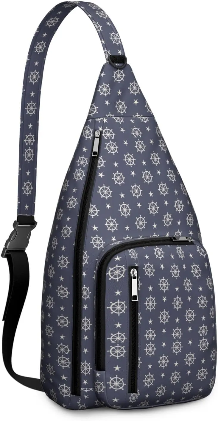 Sea Nautical Wheels Stars Pattern Crossbody Bag Daypack for Women Men Lightweight Waterproof Sling Bag Backpack Hiking Cycling